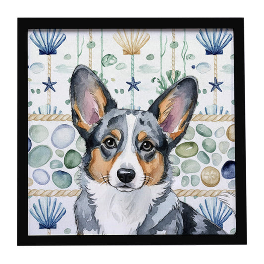 Buy this Blue Merle Cardigan Welsh Corgi Coastal Sea Glass Framed Metal Print