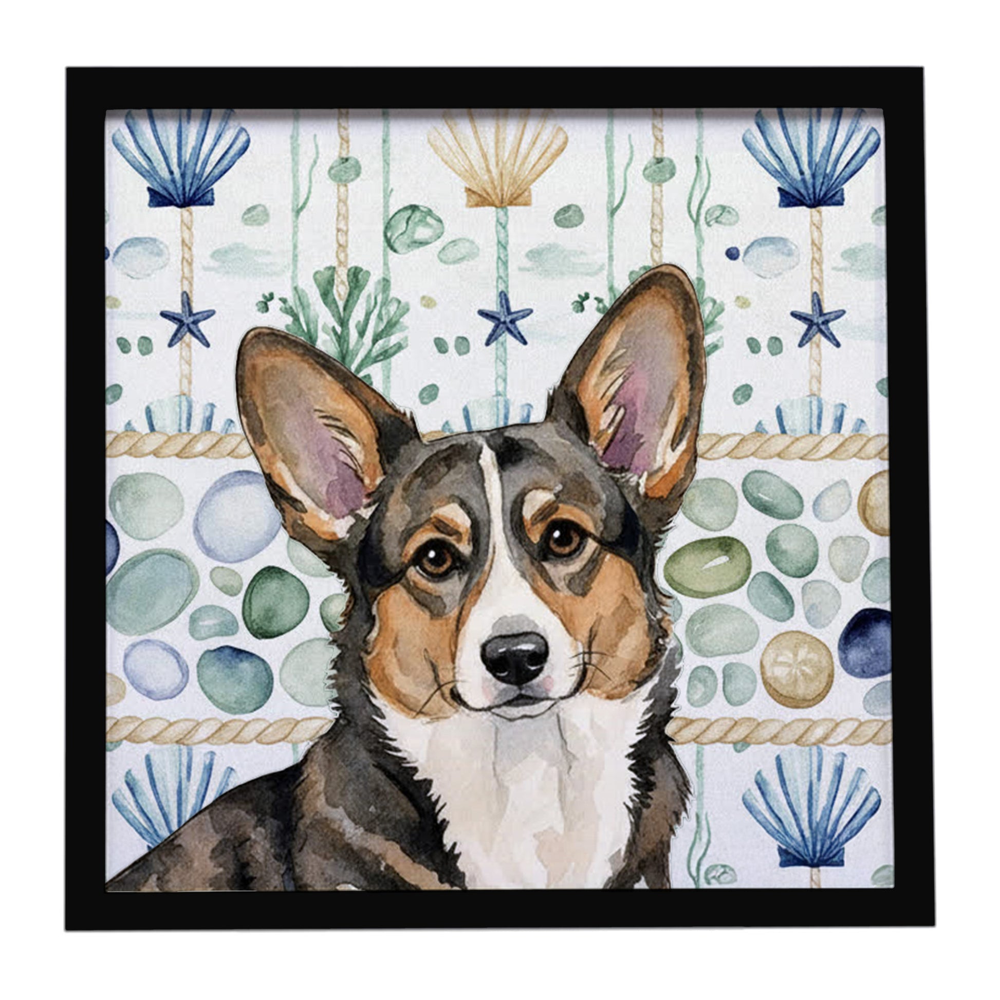 Buy this Brindle Cardigan Welsh Corgi Coastal Sea Glass Framed Metal Print