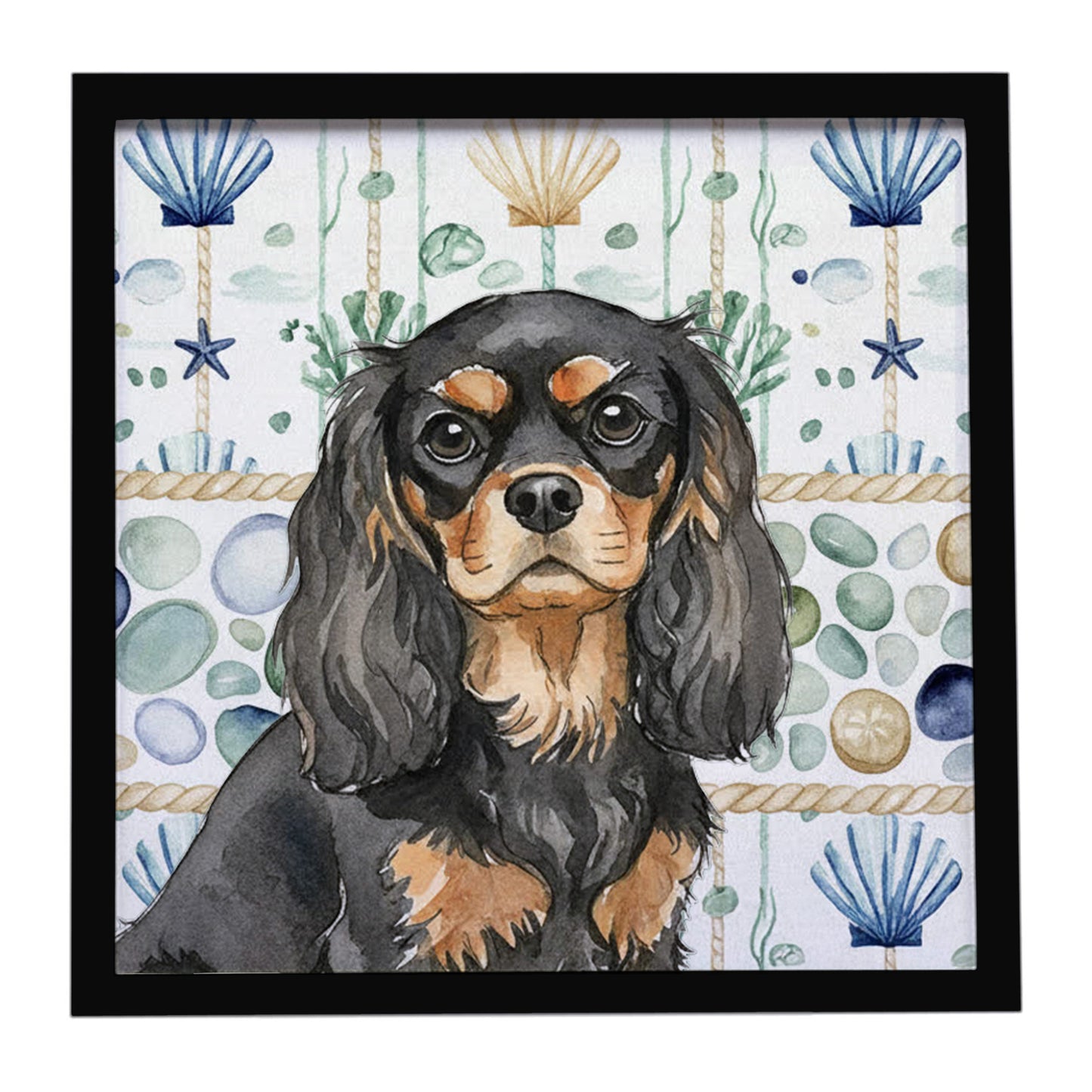 Buy this Black and Tan Cavalier Spaniel Coastal Sea Glass Framed Metal Print