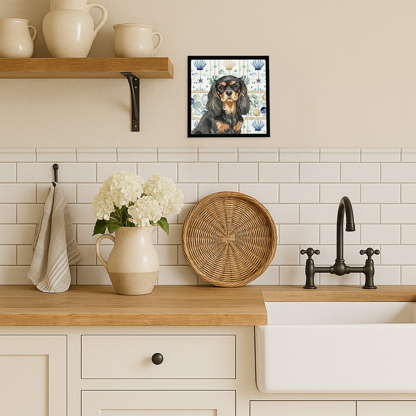 Black and Tan Cavalier Spaniel Coastal Sea Glass Framed Metal Print