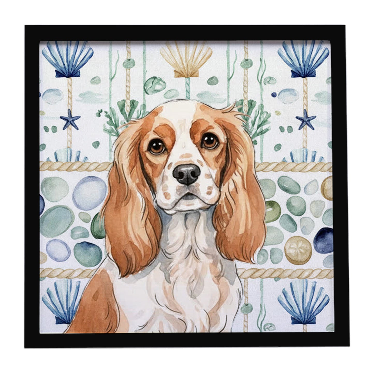 Buy this Blenheim Cavalier Spaniel Coastal Sea Glass Framed Metal Print
