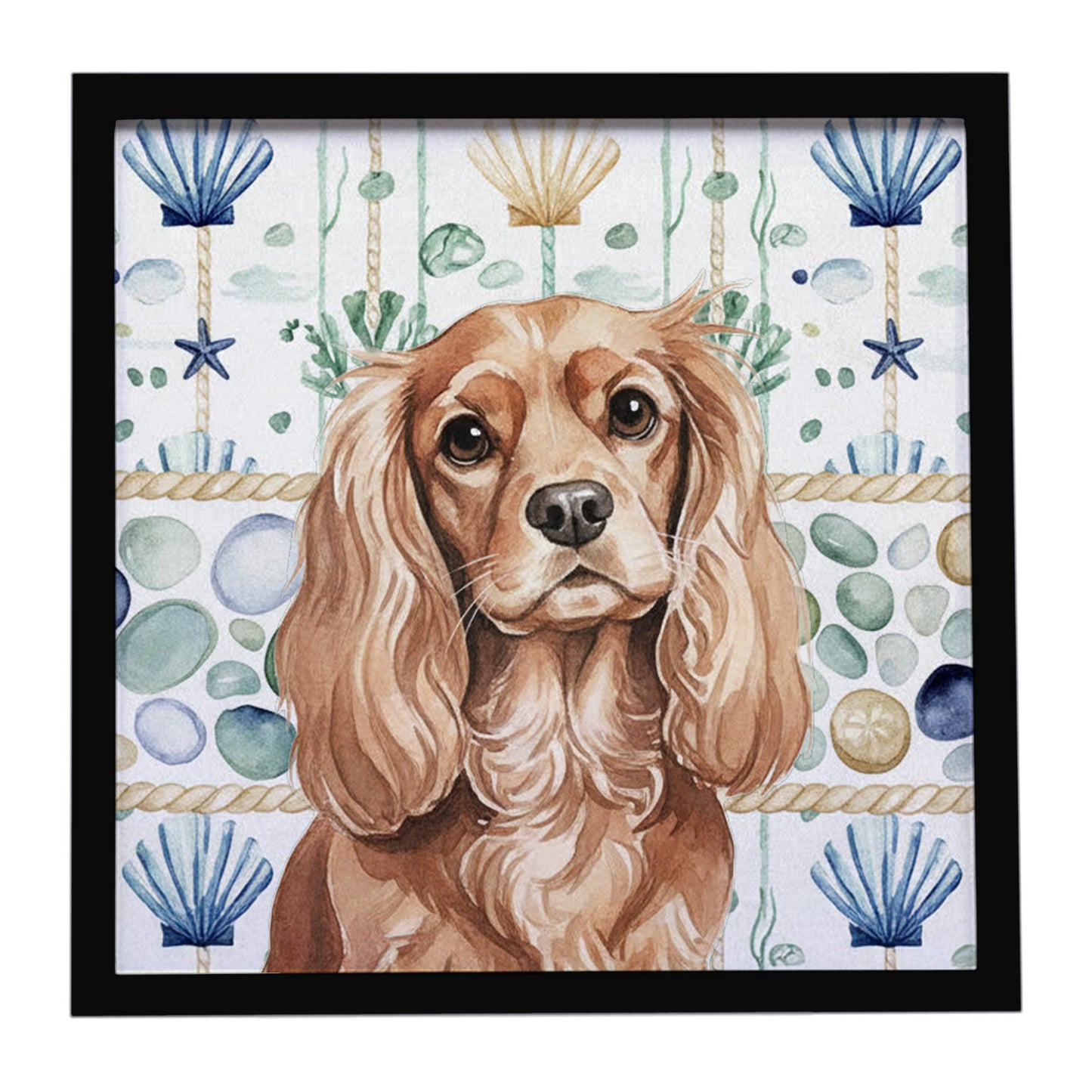 Buy this Ruby Cavalier Spaniel Coastal Sea Glass Framed Metal Print
