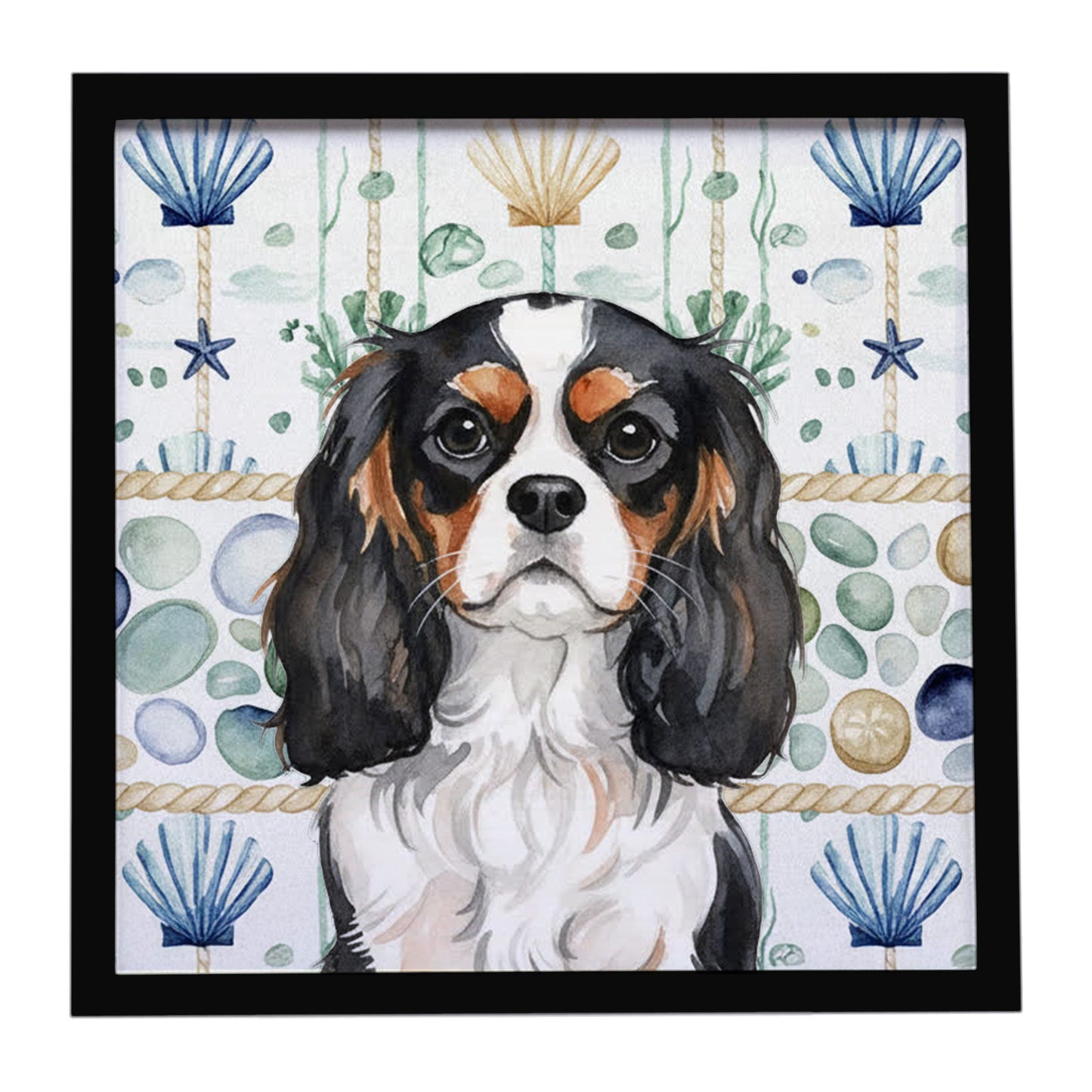 Buy this Tricolor Cavalier Spaniel Coastal Sea Glass Framed Metal Print