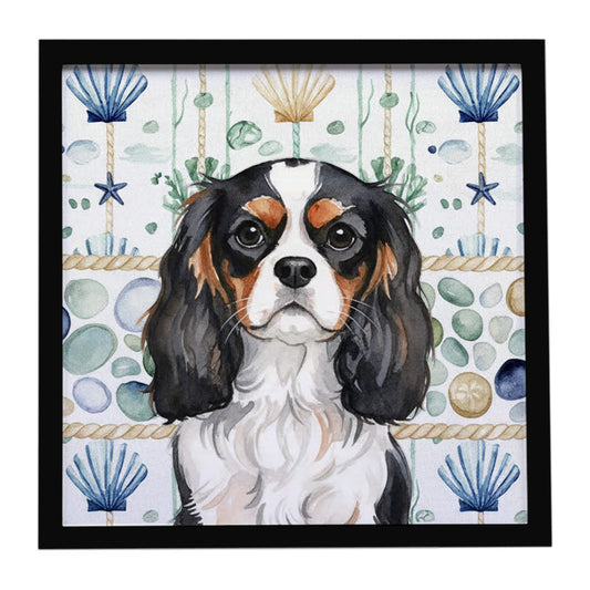 Buy this Tricolor Cavalier Spaniel Coastal Sea Glass Framed Metal Print