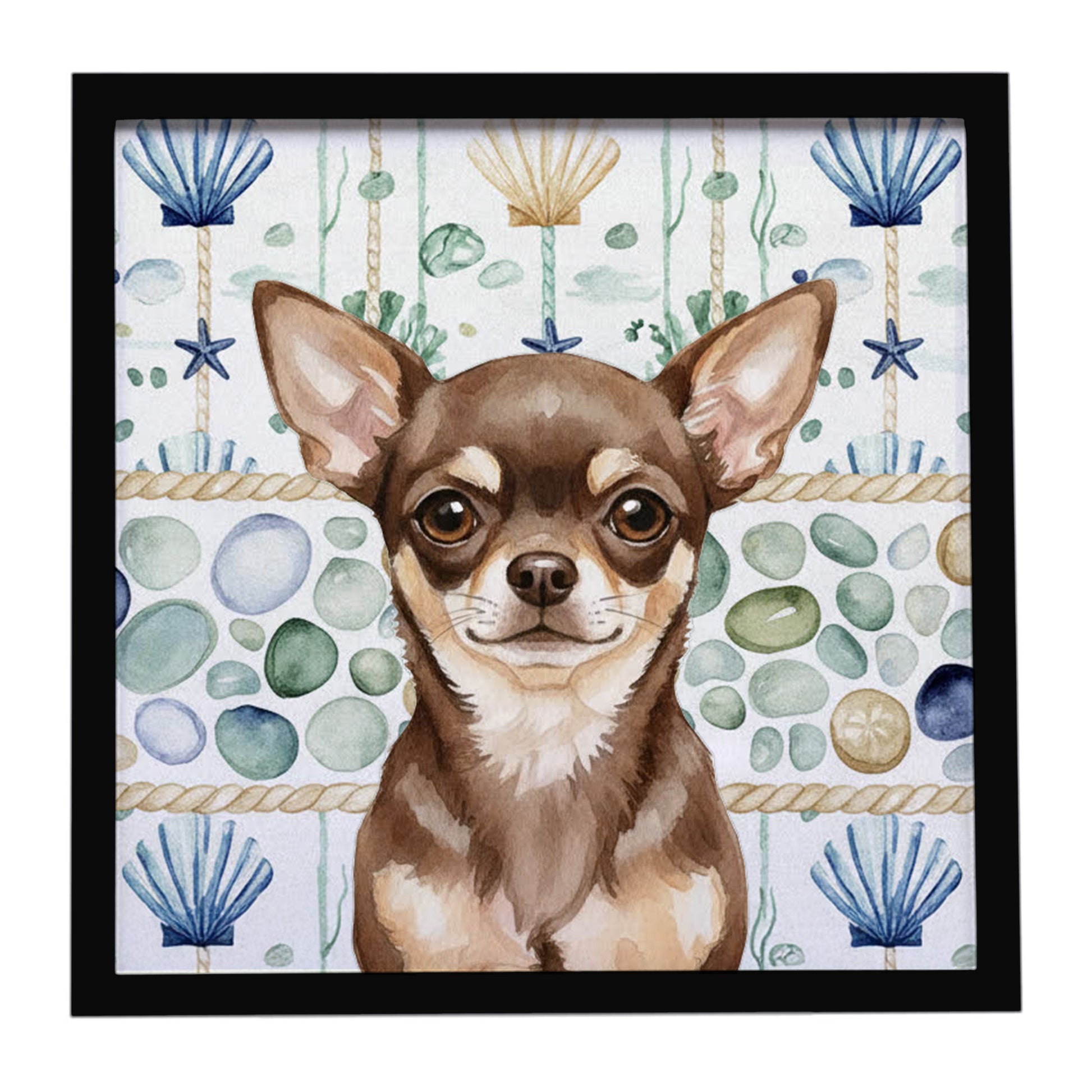 Buy this Chocolate Chihuahua Coastal Sea Glass Framed Metal Print