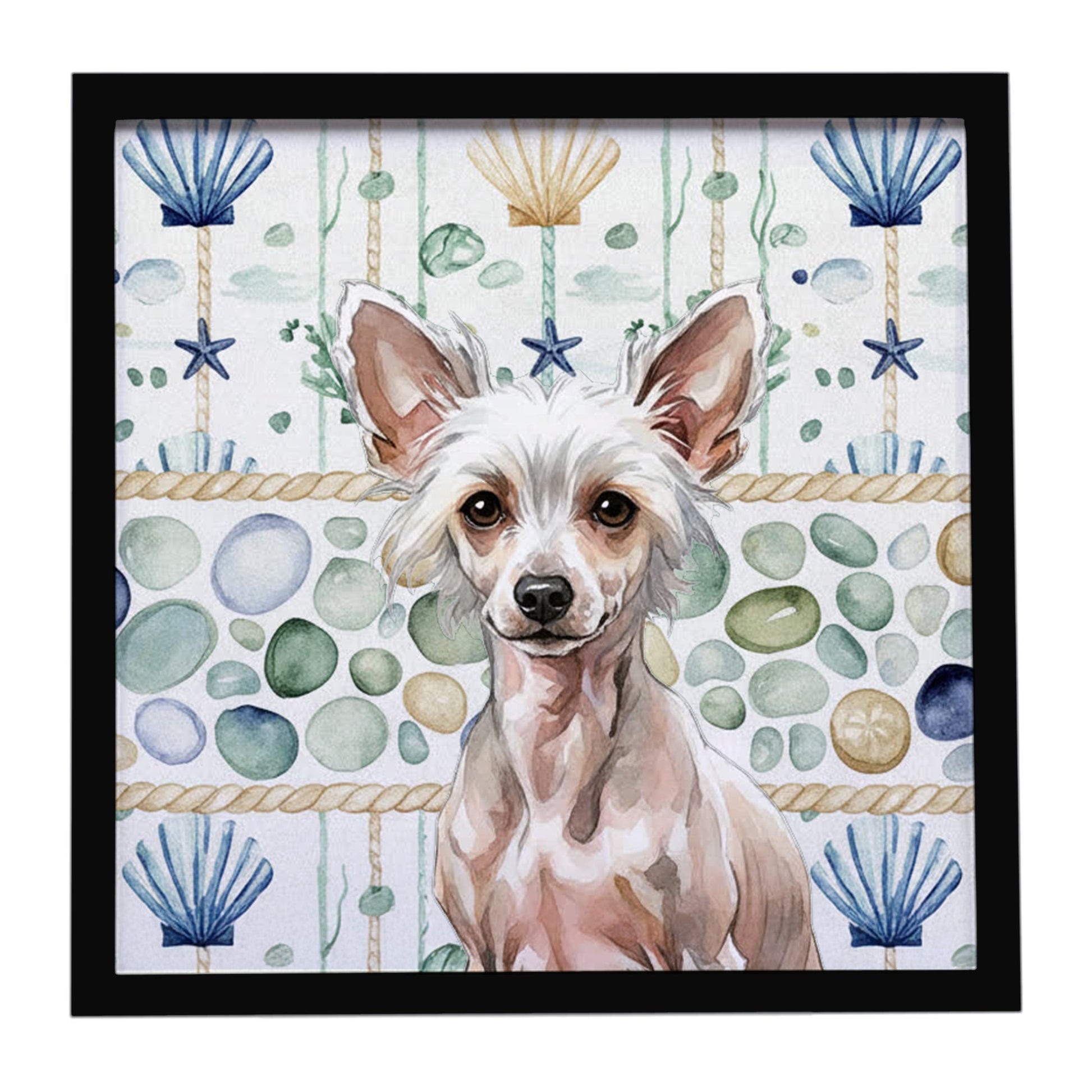 Buy this Hairless Chinese Crested Coastal Sea Glass Framed Metal Print