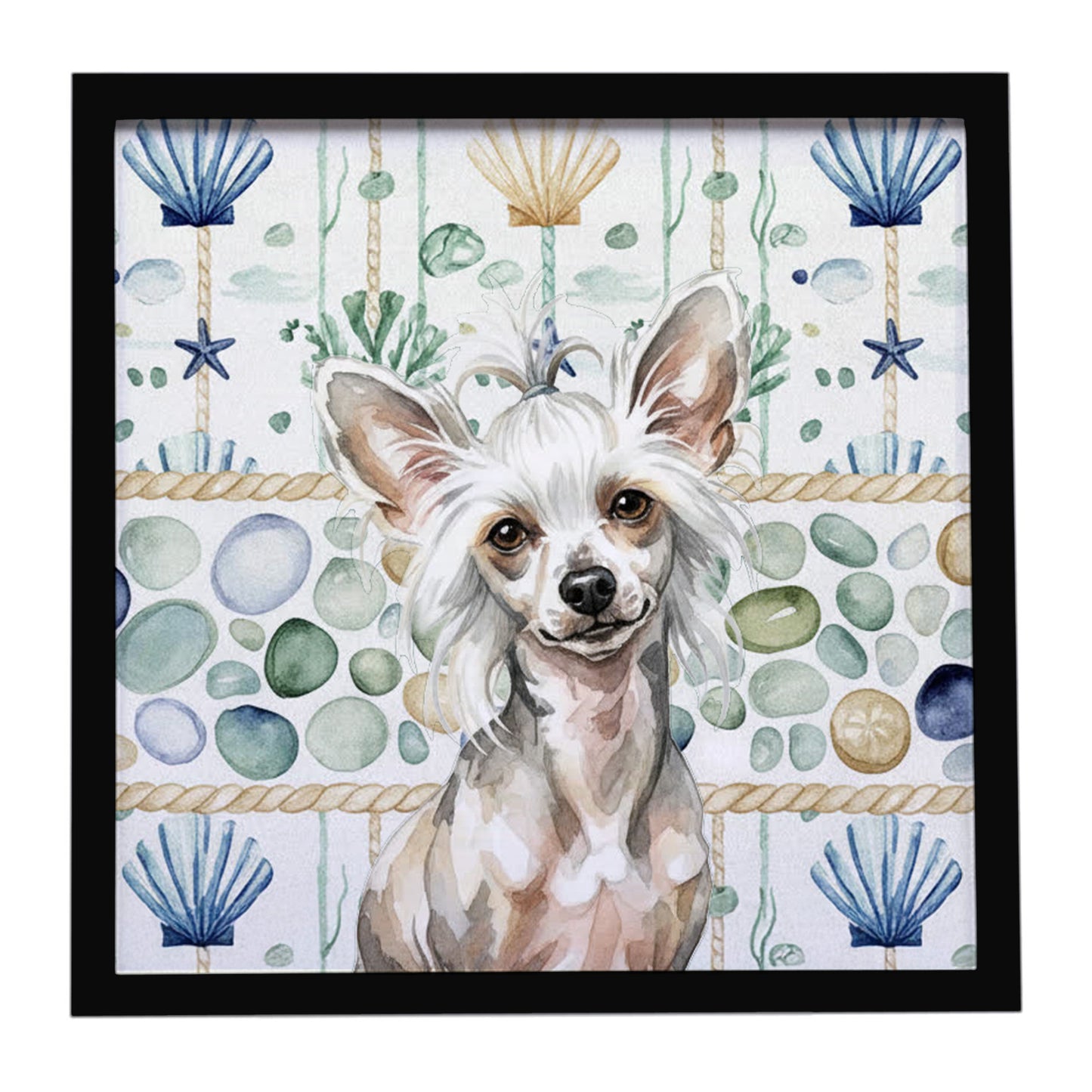 Buy this Hairless Mottled Pattern Chinese Crested Coastal Sea Glass Framed Metal Print