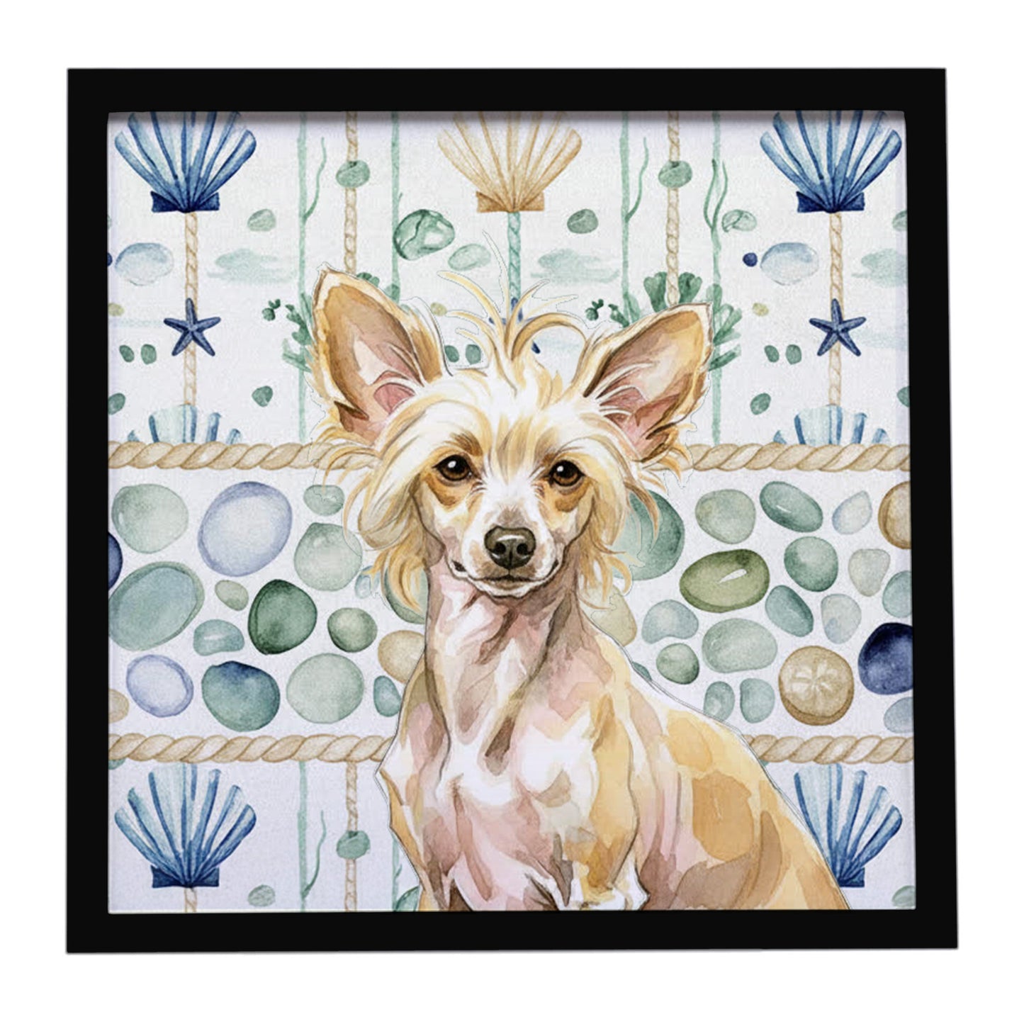 Buy this Hairless Palomino Chinese Crested Coastal Sea Glass Framed Metal Print