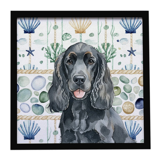 Buy this Black Cocker Spaniel Coastal Sea Glass Framed Metal Print