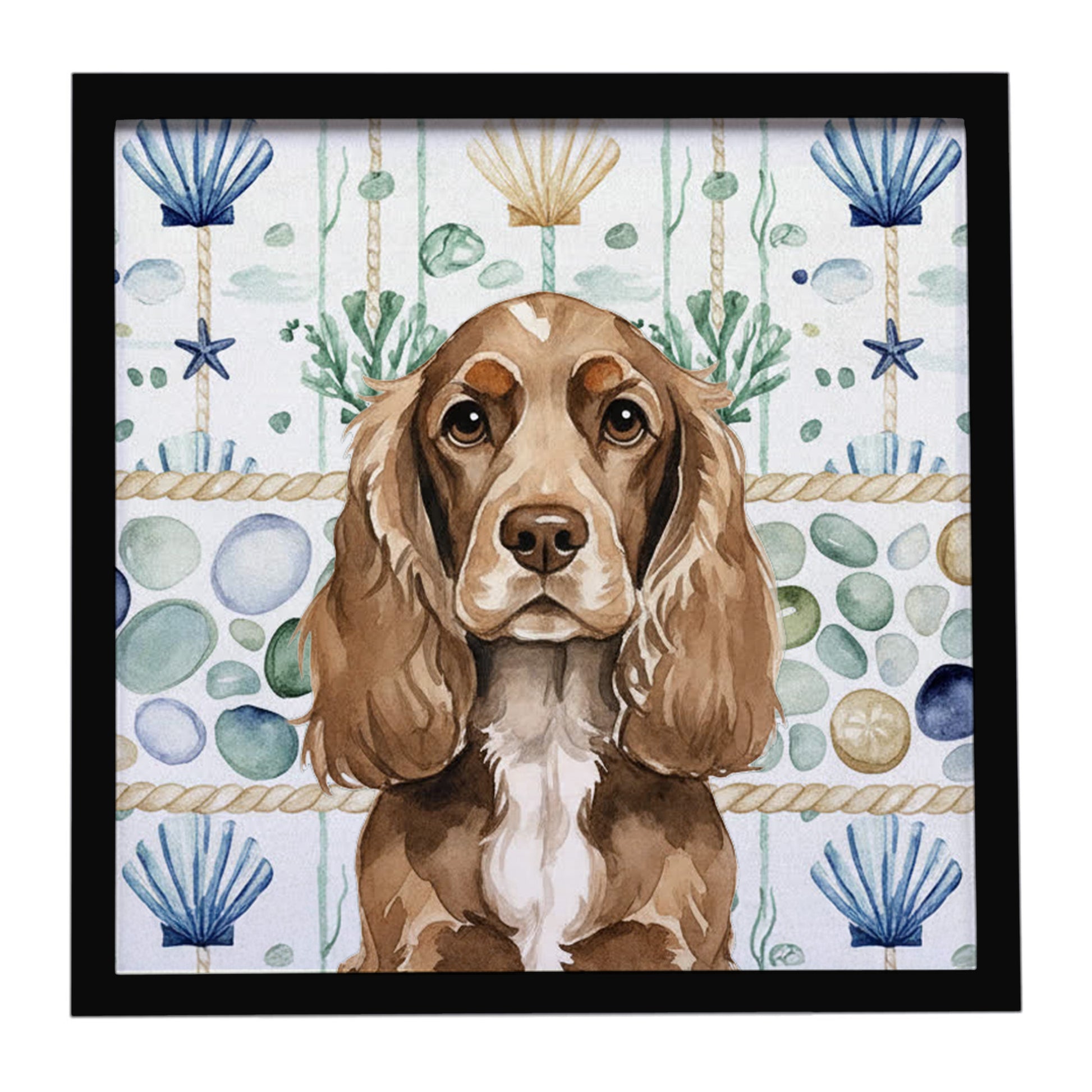 Buy this Chocolate Cocker Spaniel Coastal Sea Glass Framed Metal Print