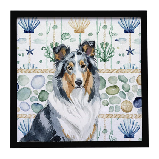 Buy this Blue Merle Collie Coastal Sea Glass Framed Metal Print