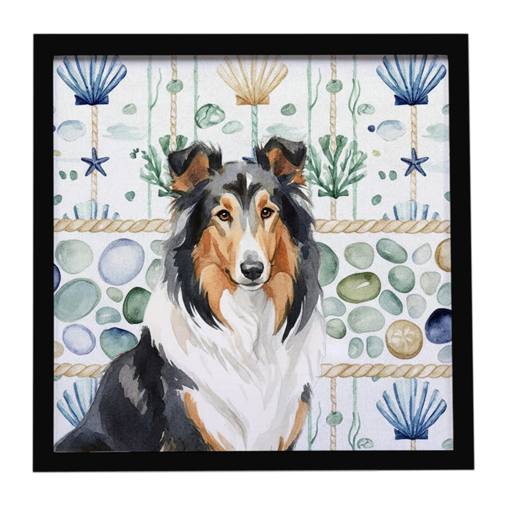 Buy this Tricolor Collie Coastal Sea Glass Framed Metal Print