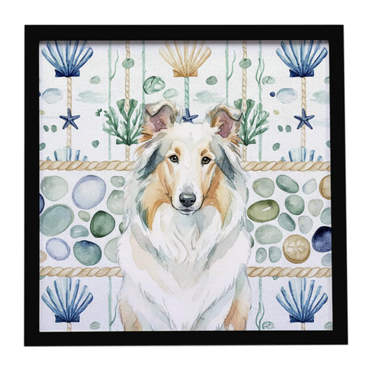 Buy this White Collie Coastal Sea Glass Framed Metal Print