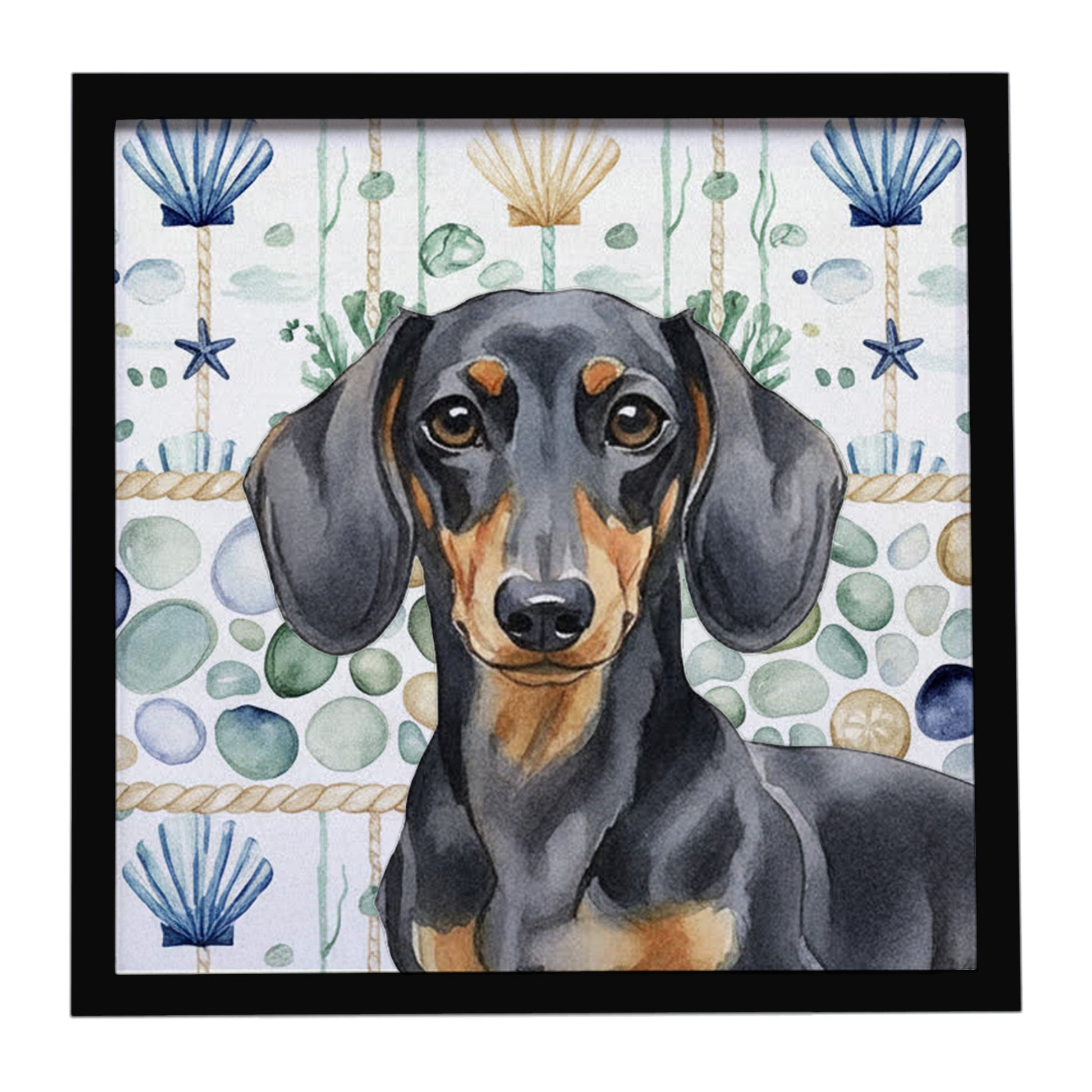 Buy this Black and Tan Dachshund Coastal Sea Glass Framed Metal Print