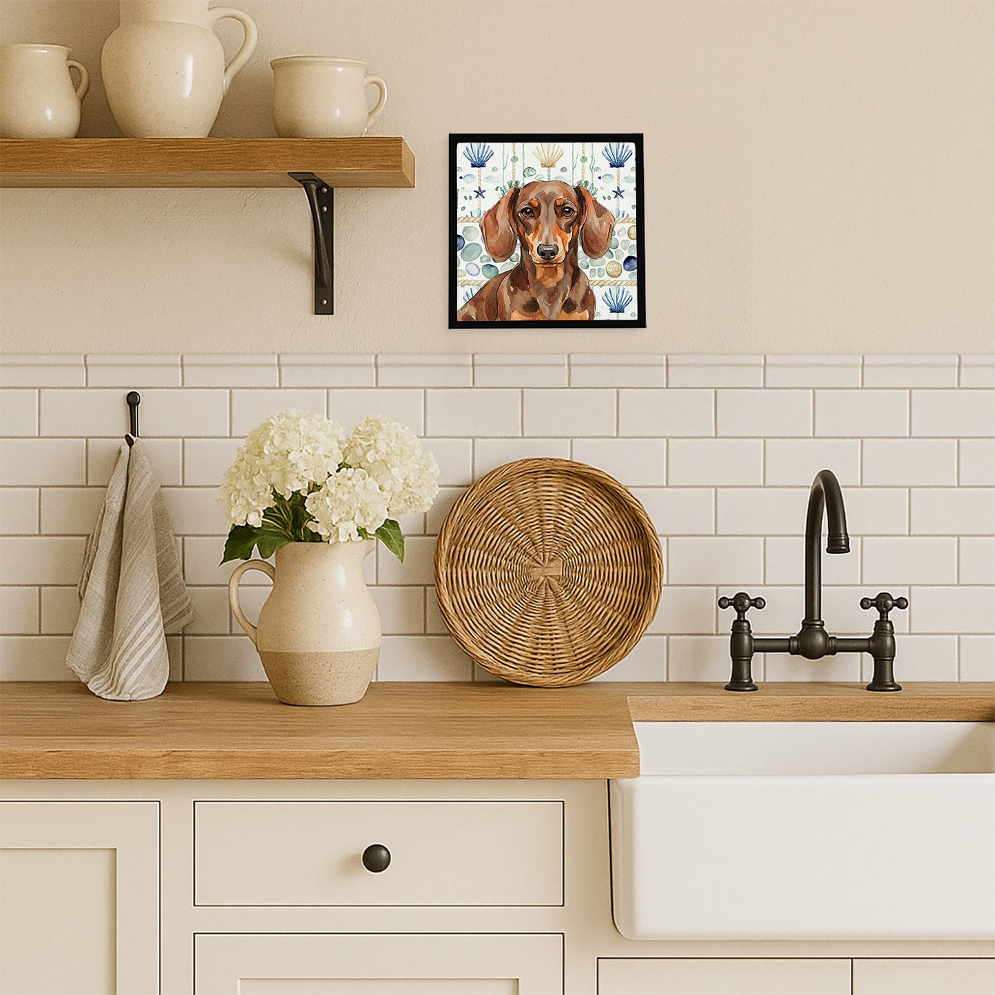 Chocolate and Tan Dachshund Coastal Sea Glass Framed Metal Print