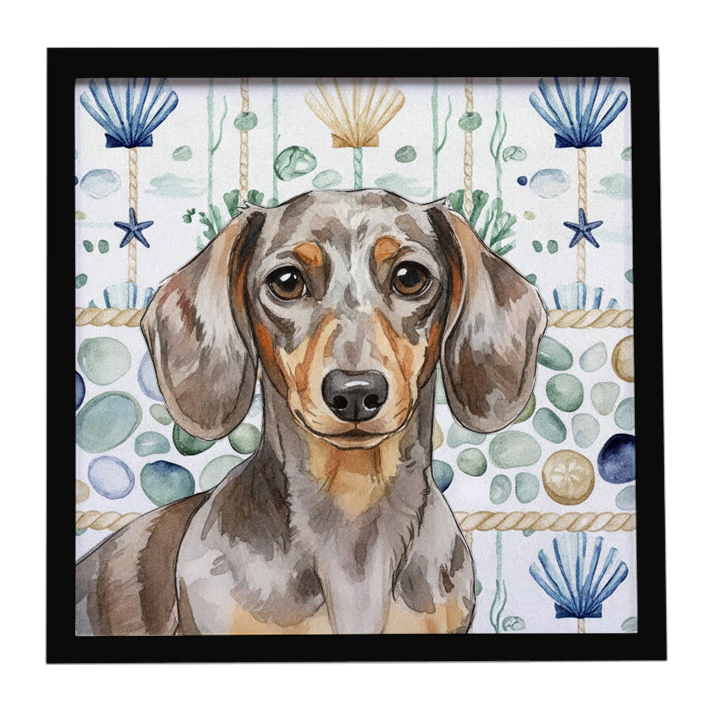 Buy this Dapple Dachshund Coastal Sea Glass Framed Metal Print
