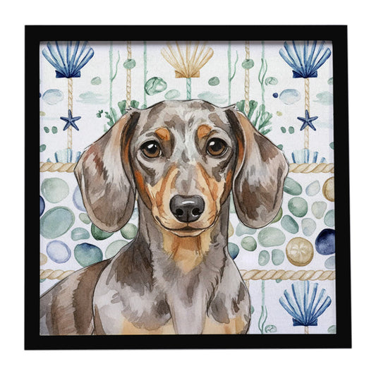 Buy this Dapple Dachshund Coastal Sea Glass Framed Metal Print