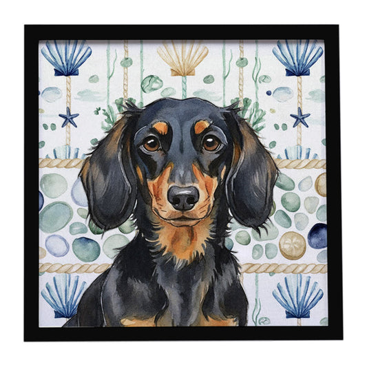 Buy this Longhaired Black and Tan Dachshund Coastal Sea Glass Framed Metal Print