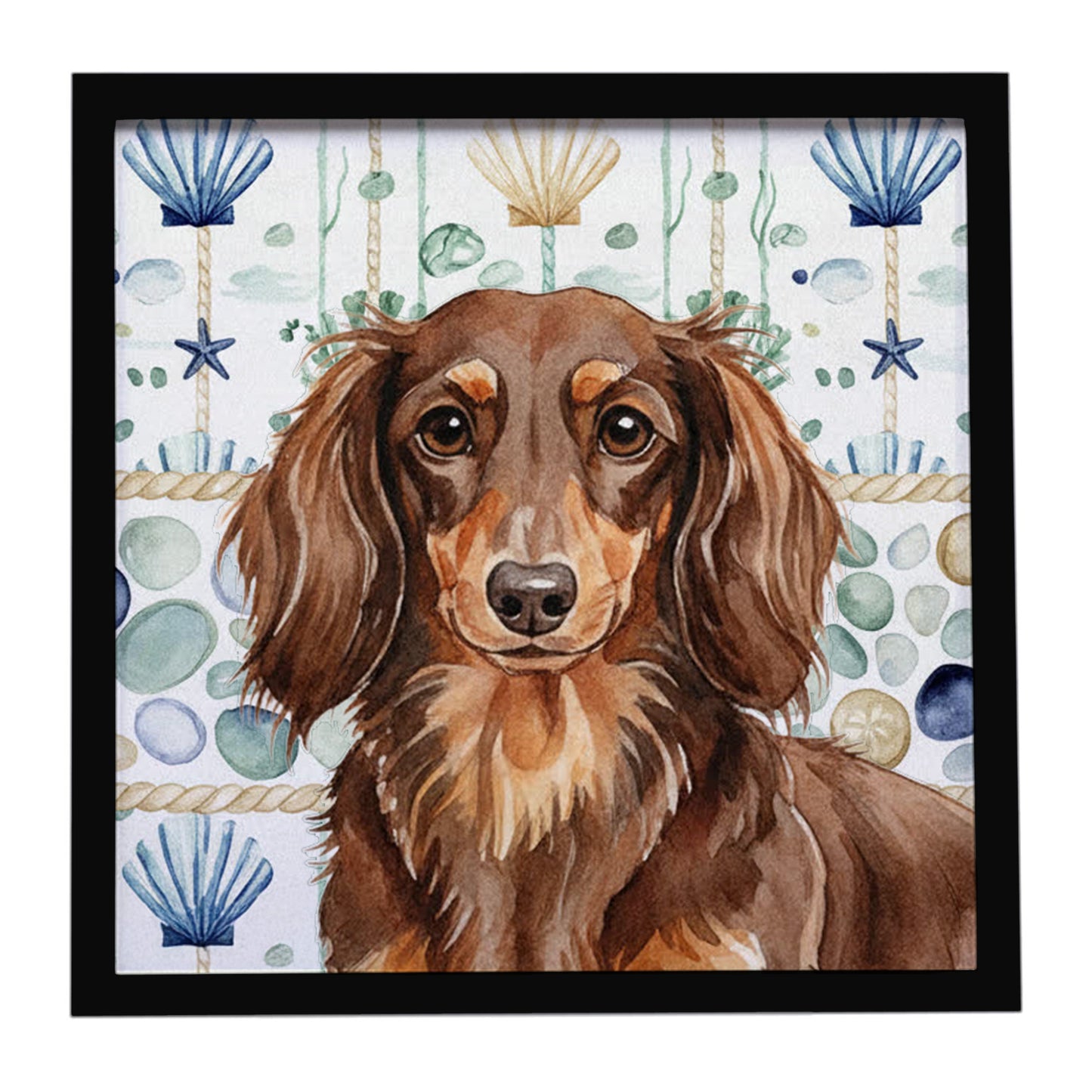 Buy this Longhaired Chocolate and Tan Dachshund Coastal Sea Glass Framed Metal Print