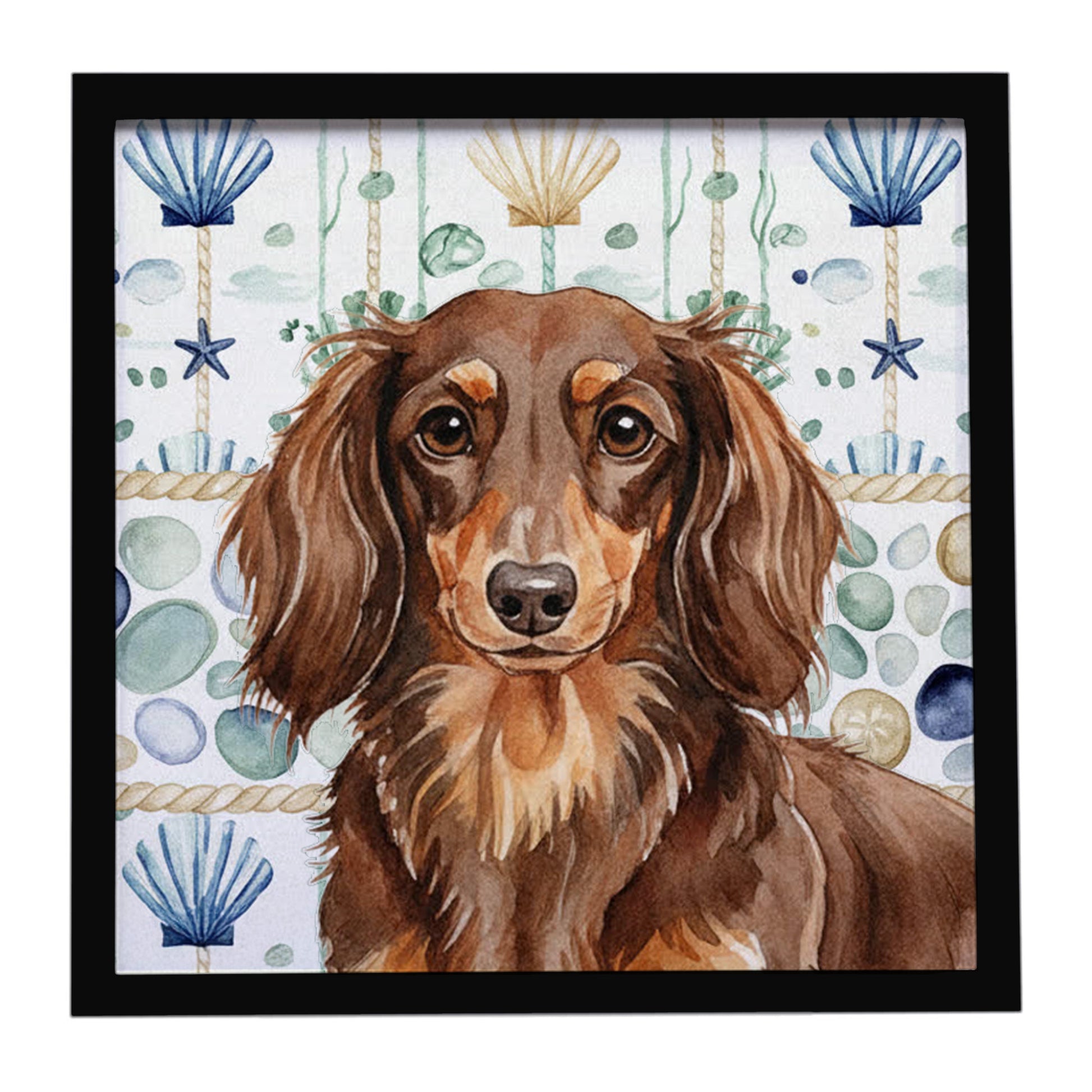 Buy this Longhaired Chocolate and Tan Dachshund Coastal Sea Glass Framed Metal Print