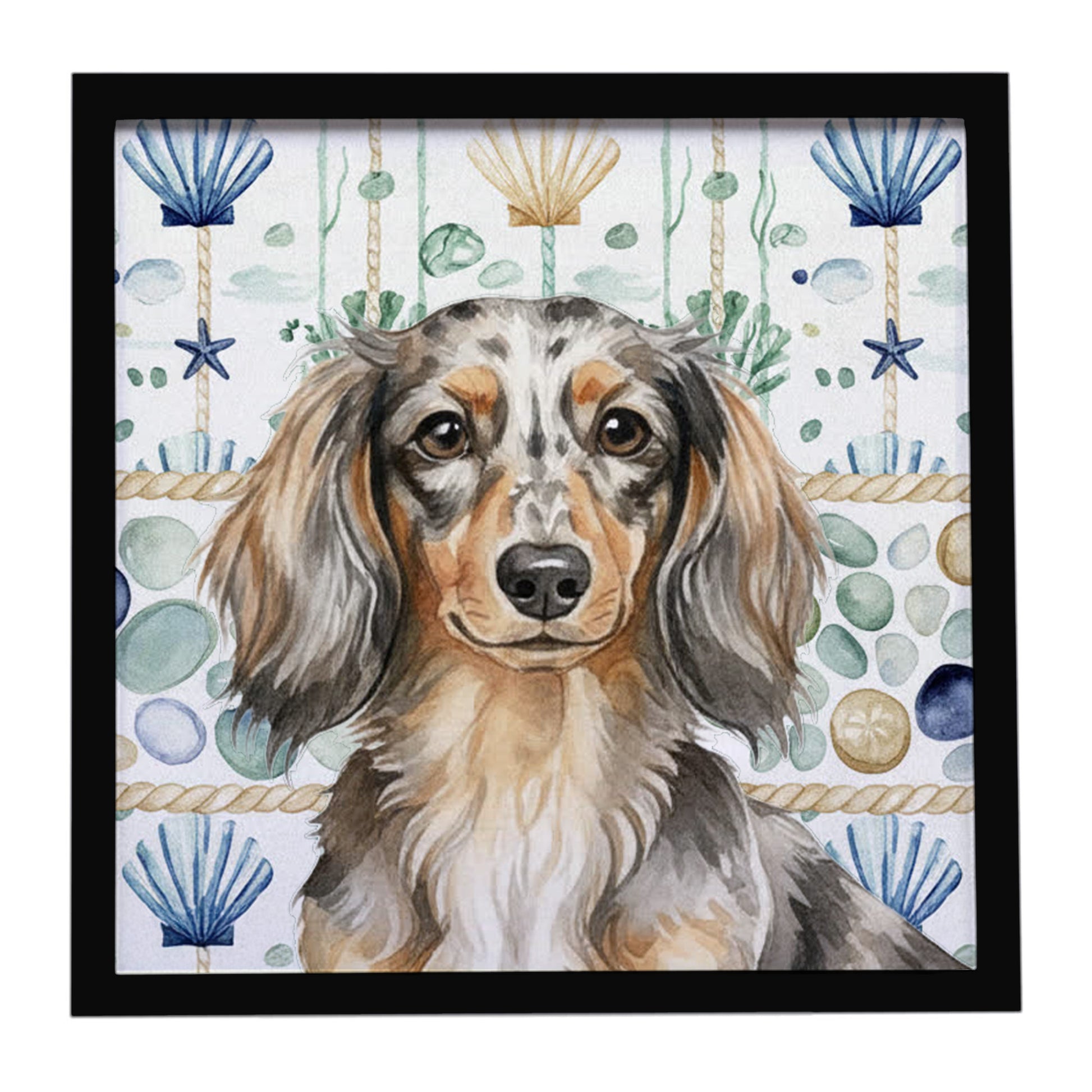 Buy this Longhaired Dapple Dachshund Coastal Sea Glass Framed Metal Print
