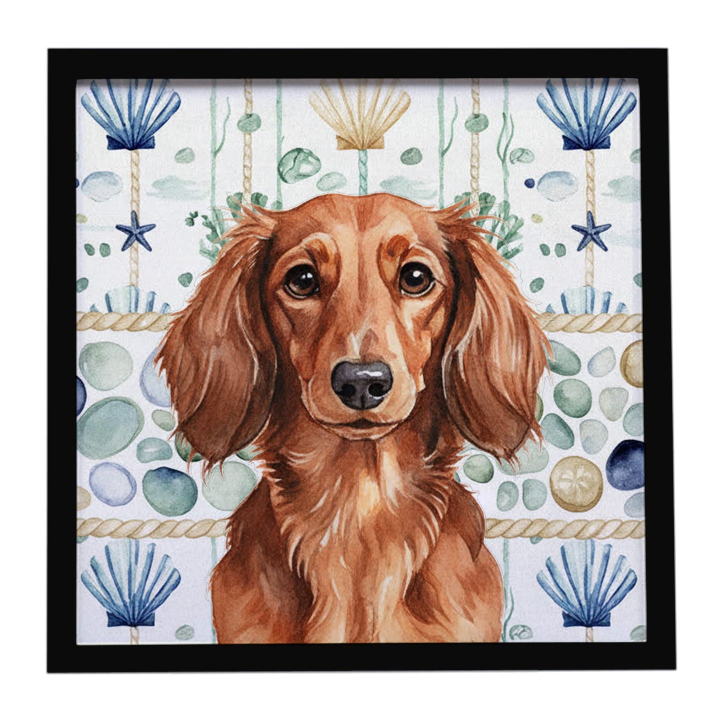 Buy this Longhaired Red Dachshund Coastal Sea Glass Framed Metal Print