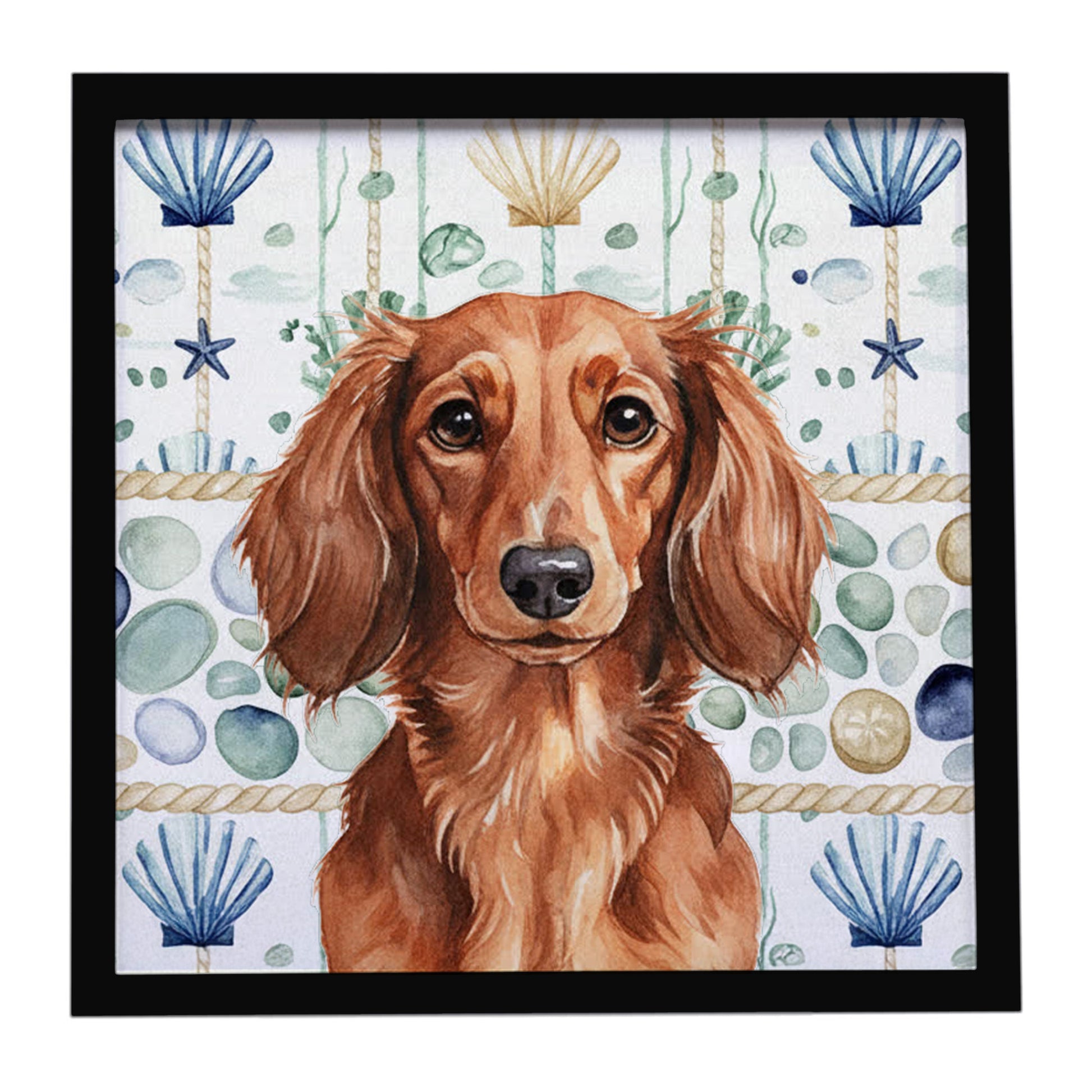 Buy this Longhaired Red Dachshund Coastal Sea Glass Framed Metal Print