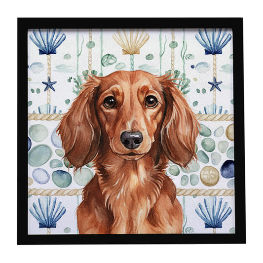 Buy this Longhaired Red Dachshund Coastal Sea Glass Framed Metal Print