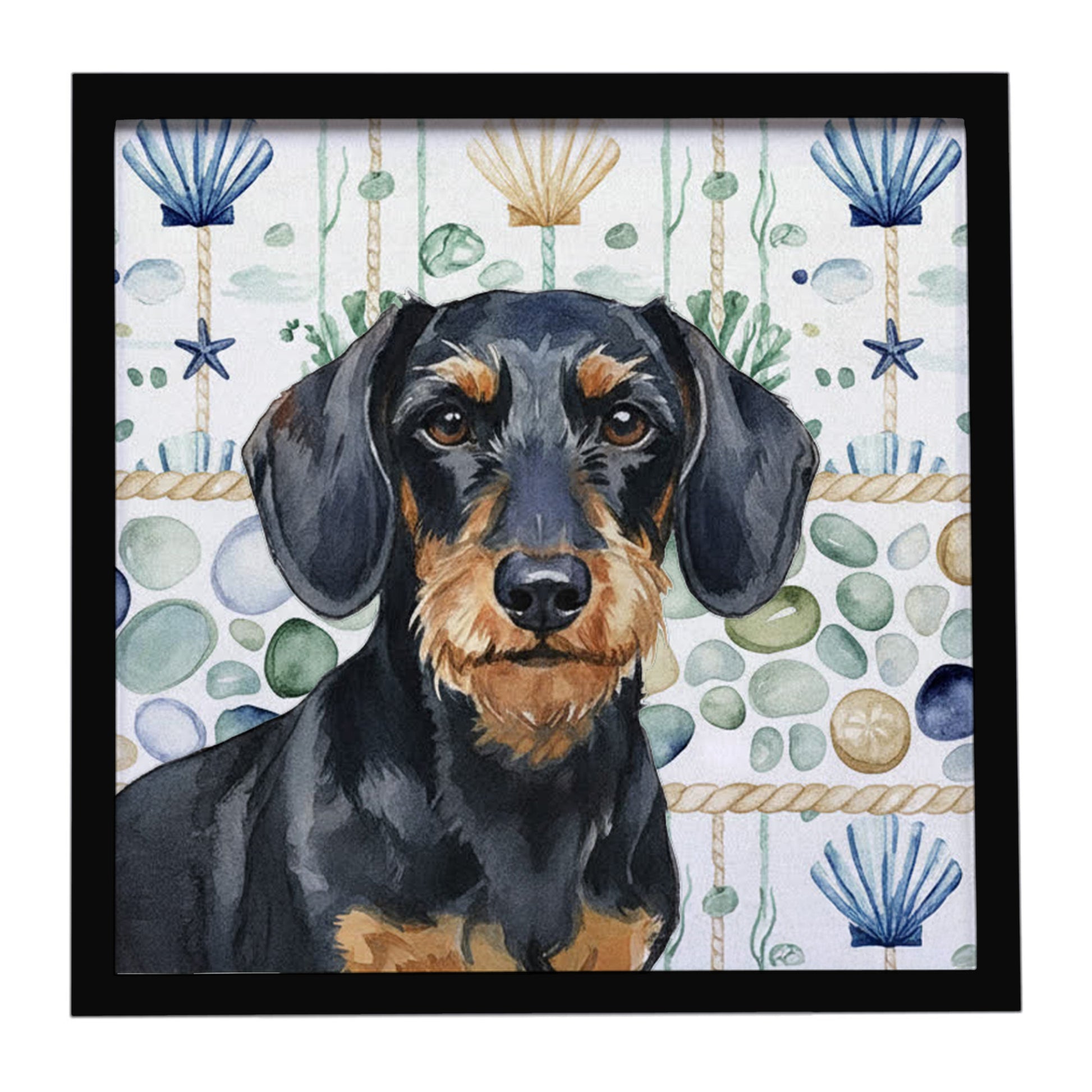 Buy this Wirehaired Black and Tan Dachshund Coastal Sea Glass Framed Metal Print