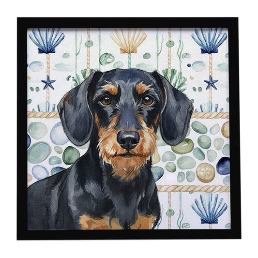 Buy this Wirehaired Black and Tan Dachshund Coastal Sea Glass Framed Metal Print