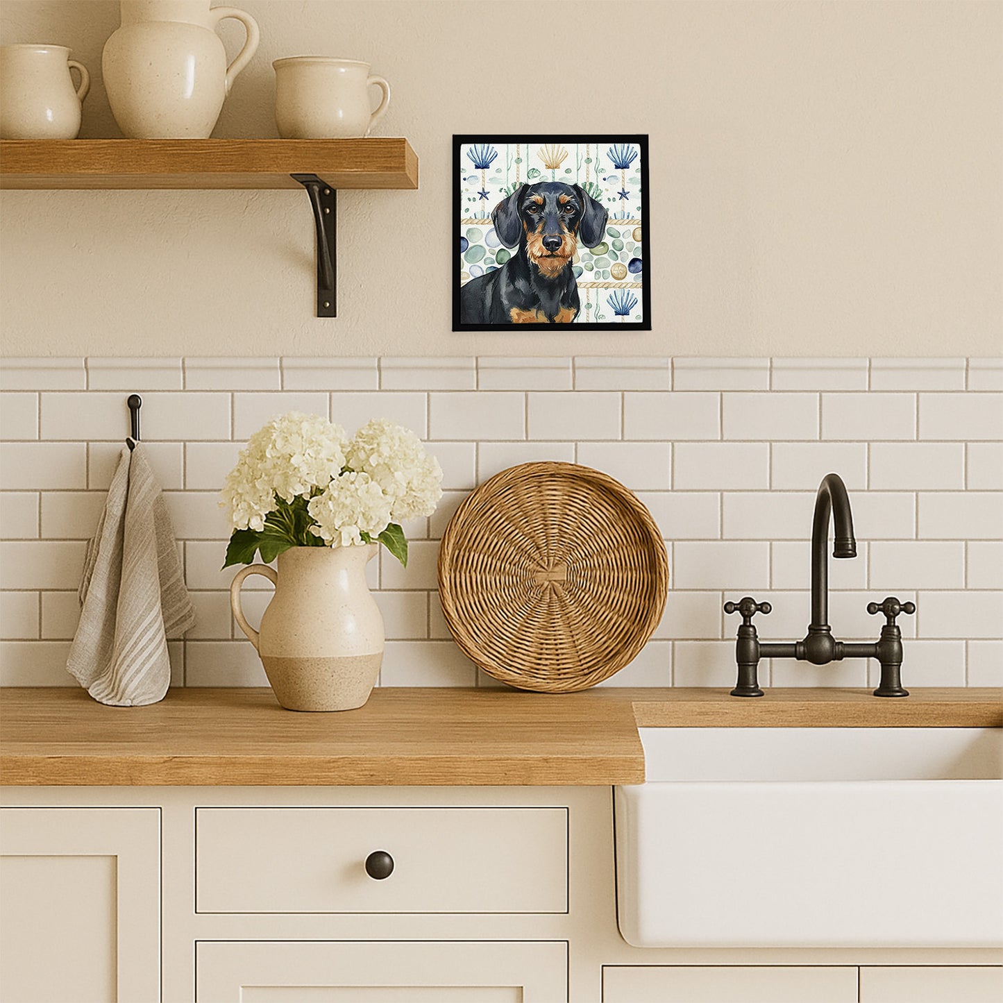 Wirehaired Black and Tan Dachshund Coastal Sea Glass Framed Metal Print