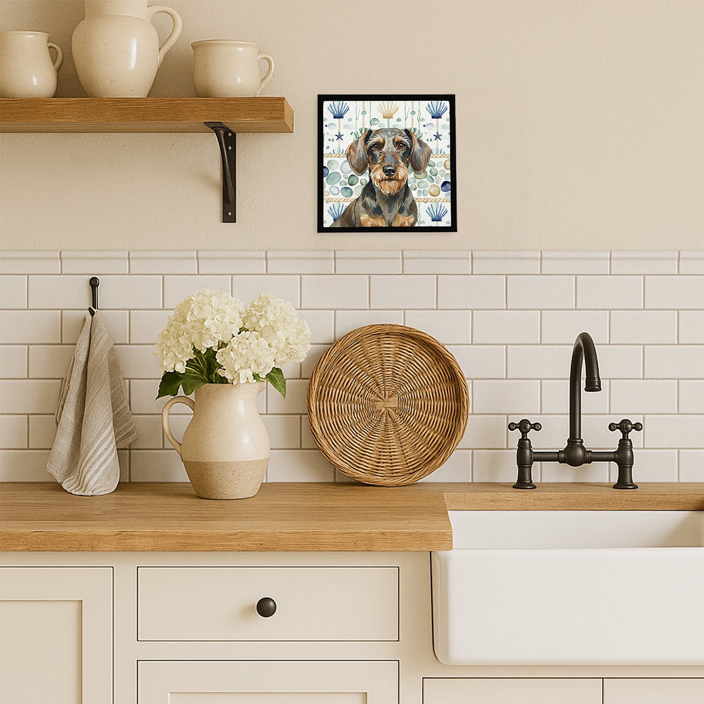 Wirehaired Wild Boar Dachshund Coastal Sea Glass Framed Metal Print