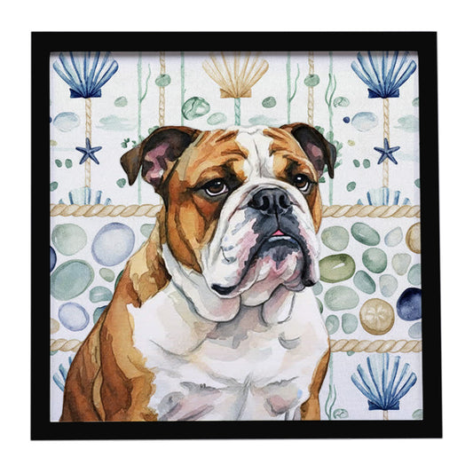 Buy this Brindle and White English Bulldog Coastal Sea Glass Framed Metal Print