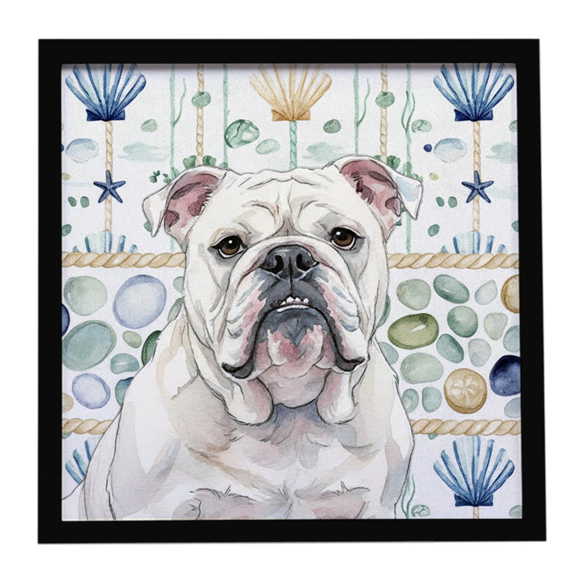 Buy this White English Bulldog Coastal Sea Glass Framed Metal Print