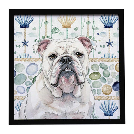 Buy this White English Bulldog Coastal Sea Glass Framed Metal Print