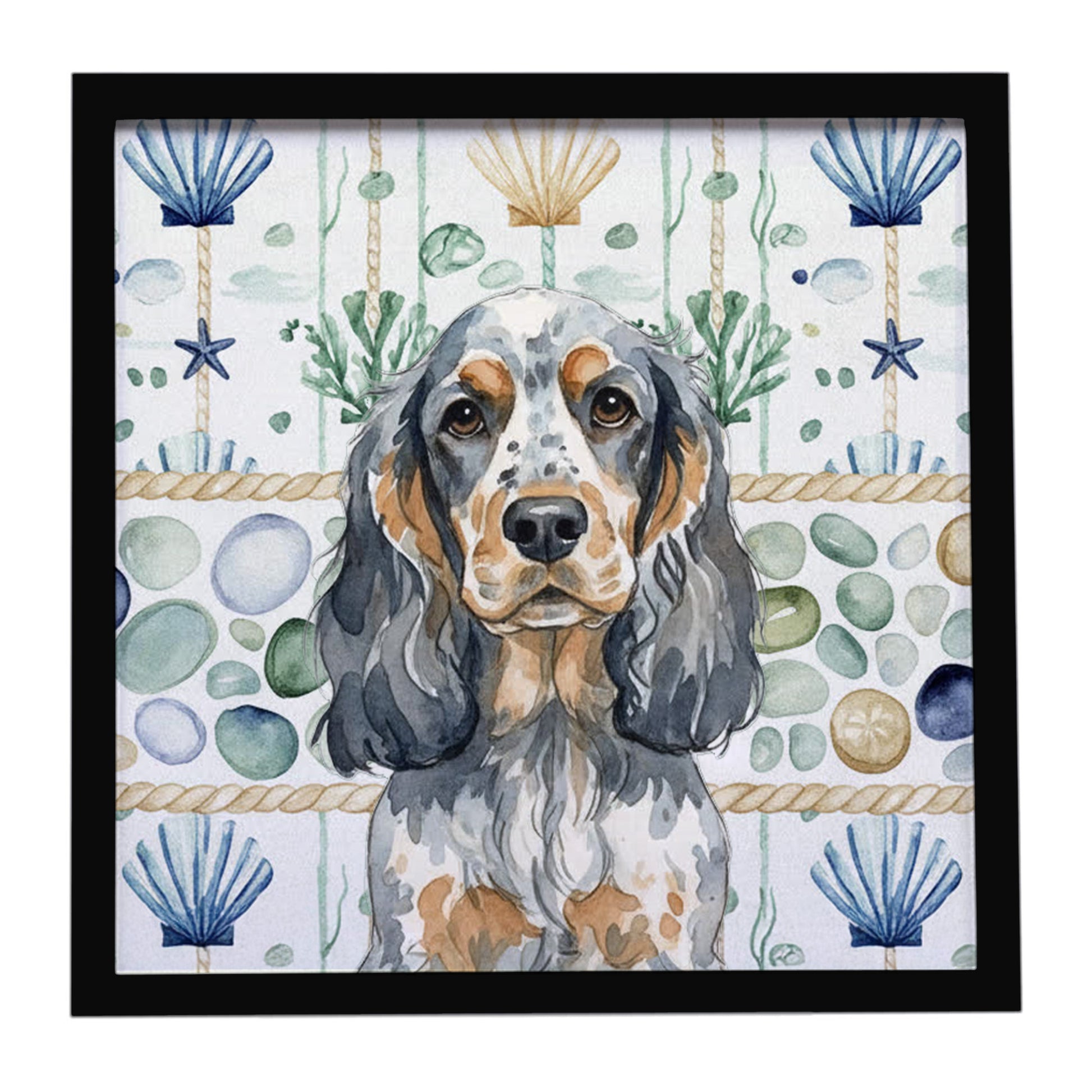 Buy this Blue Roan & Tan English Cocker Spaniel Coastal Sea Glass Framed Metal Print