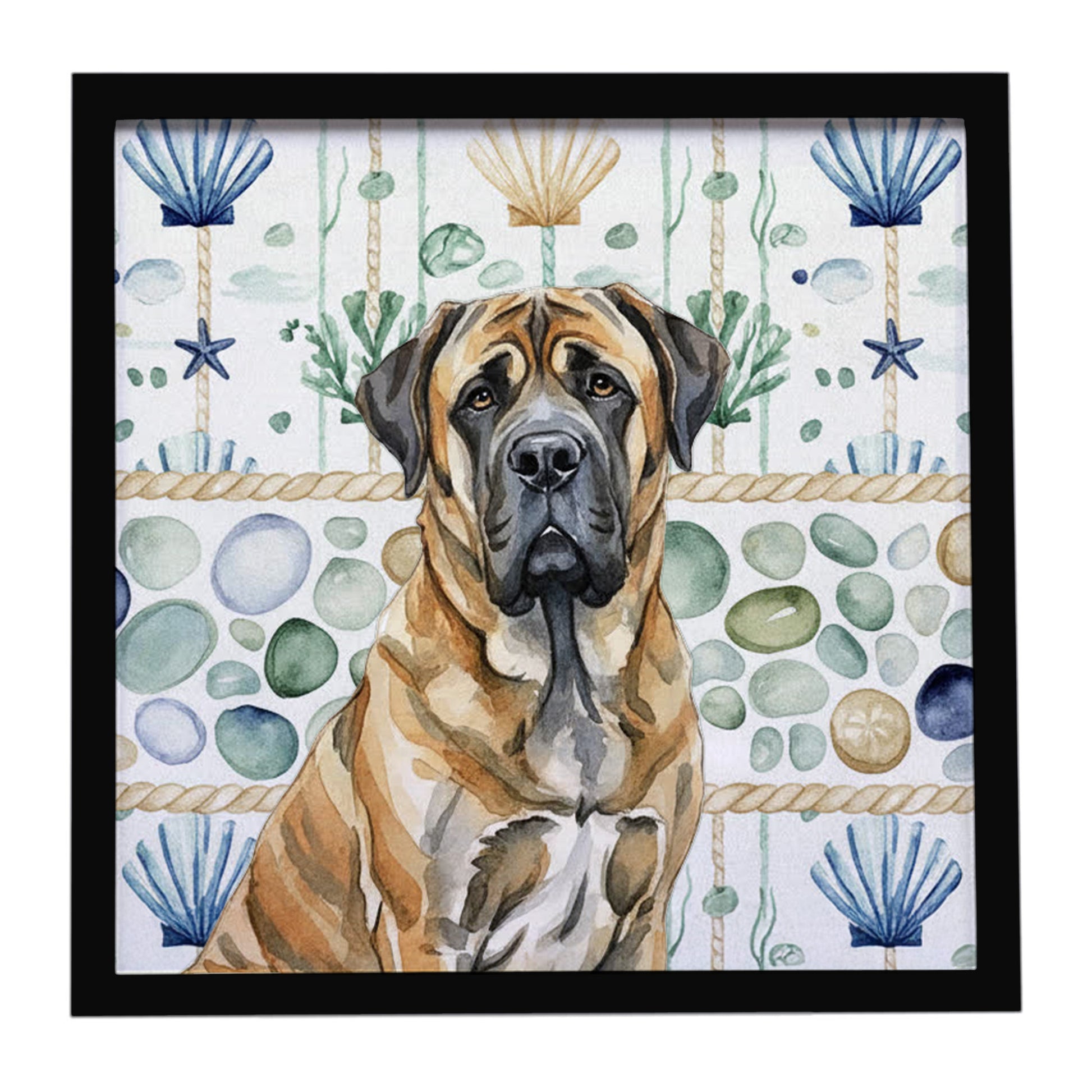 Buy this Brindle English Mastiff Coastal Sea Glass Framed Metal Print