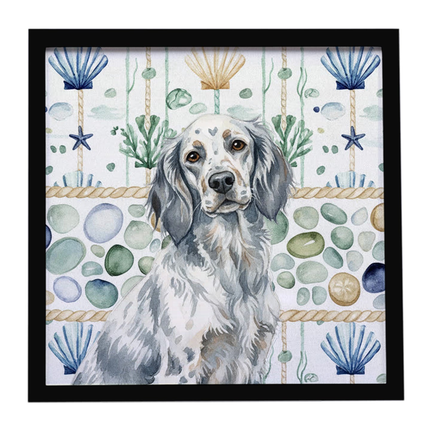 Buy this Blue Belton English Setter Coastal Sea Glass Framed Metal Print