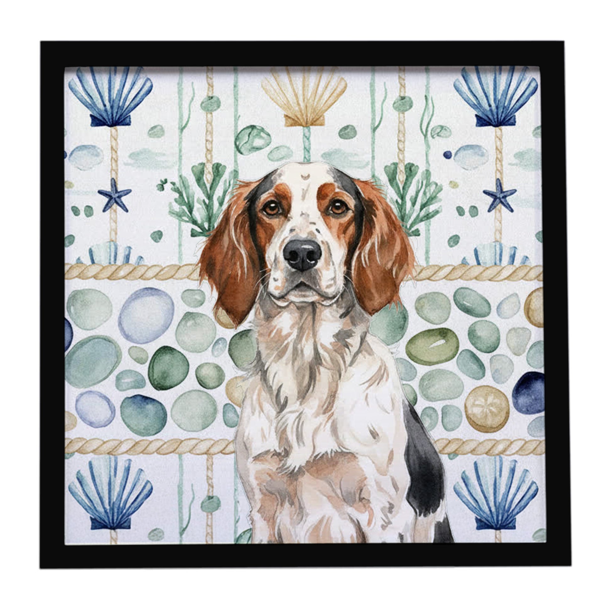 Buy this Tricolor English Setter Coastal Sea Glass Framed Metal Print