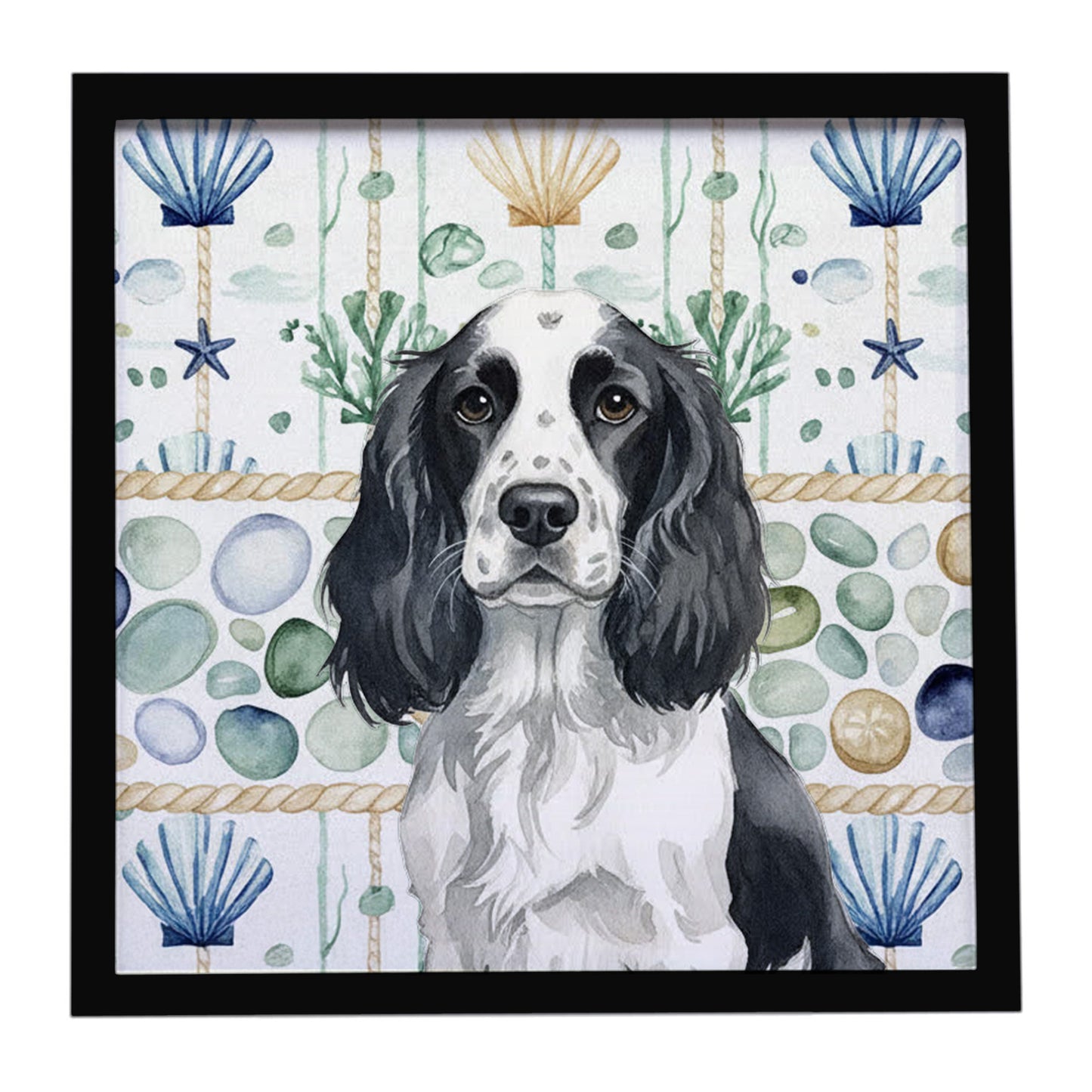 Buy this Black and White English Springer Spaniel Coastal Sea Glass Framed Metal Print