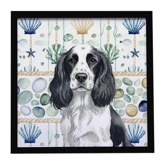 Buy this Black and White English Springer Spaniel Coastal Sea Glass Framed Metal Print