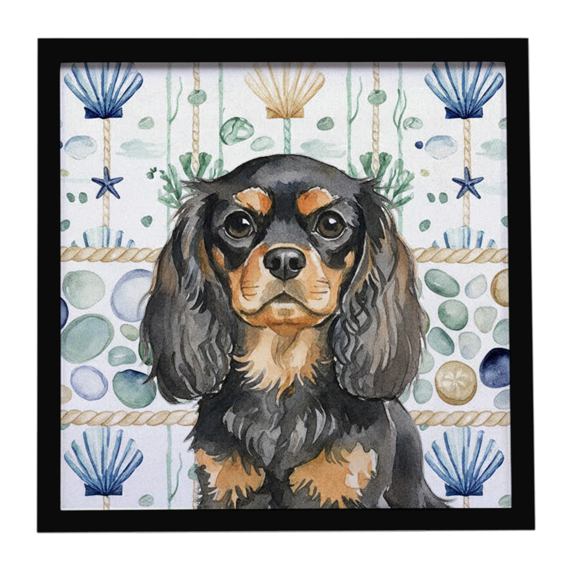 Buy this Black and Tan English Toy Spaniel Coastal Sea Glass Framed Metal Print