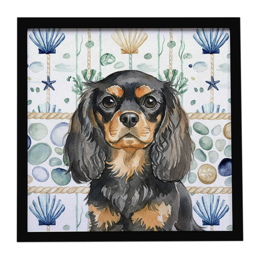 Buy this Black and Tan English Toy Spaniel Coastal Sea Glass Framed Metal Print