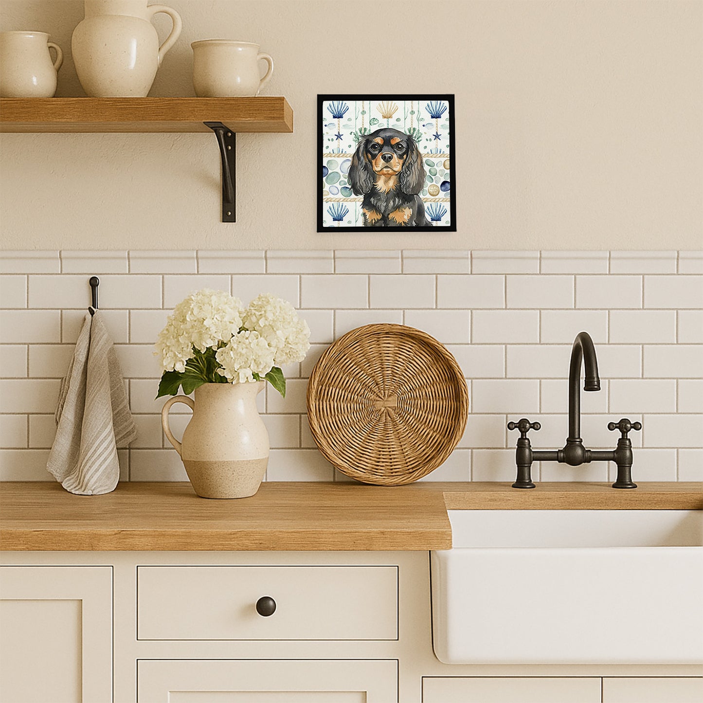 Black and Tan English Toy Spaniel Coastal Sea Glass Framed Metal Print