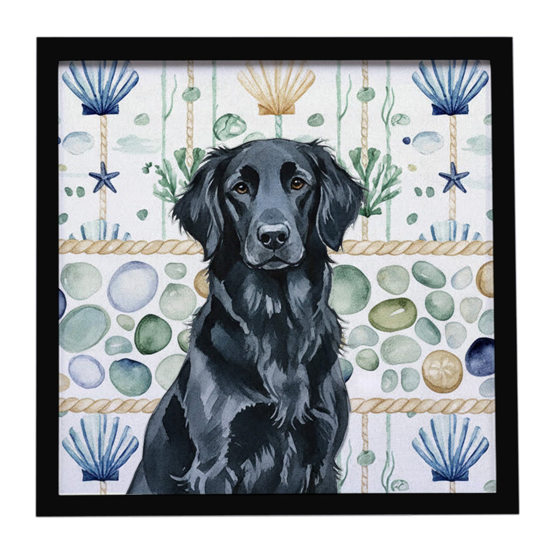 Buy this Black Flat-Coated Retriever Coastal Sea Glass Framed Metal Print