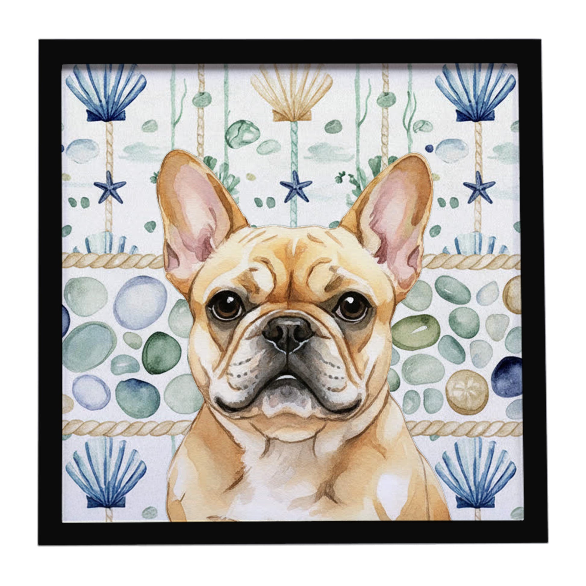 Buy this Fawn French Bulldog Coastal Sea Glass Framed Metal Print