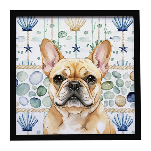Buy this Fawn French Bulldog Coastal Sea Glass Framed Metal Print