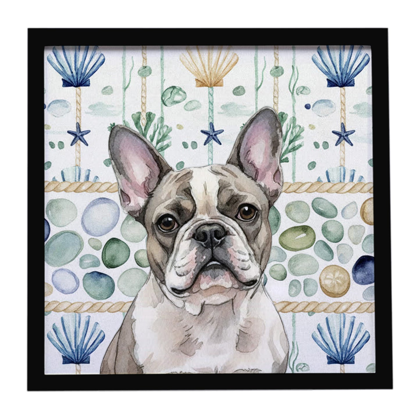 Buy this Pied French Bulldog Coastal Sea Glass Framed Metal Print