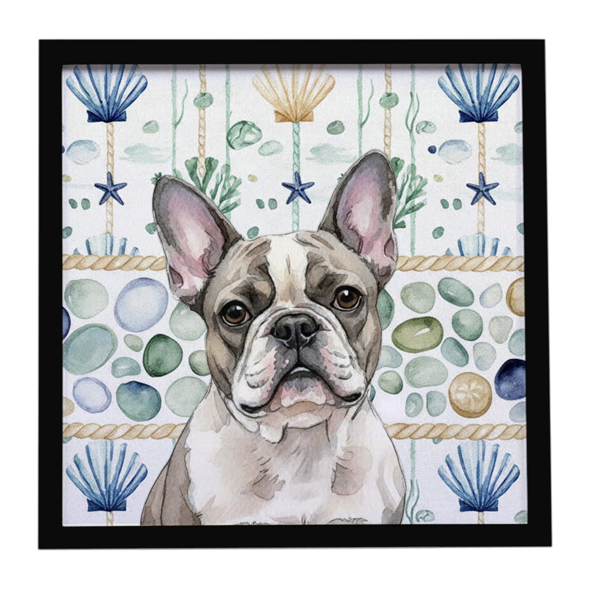 Buy this Pied French Bulldog Coastal Sea Glass Framed Metal Print