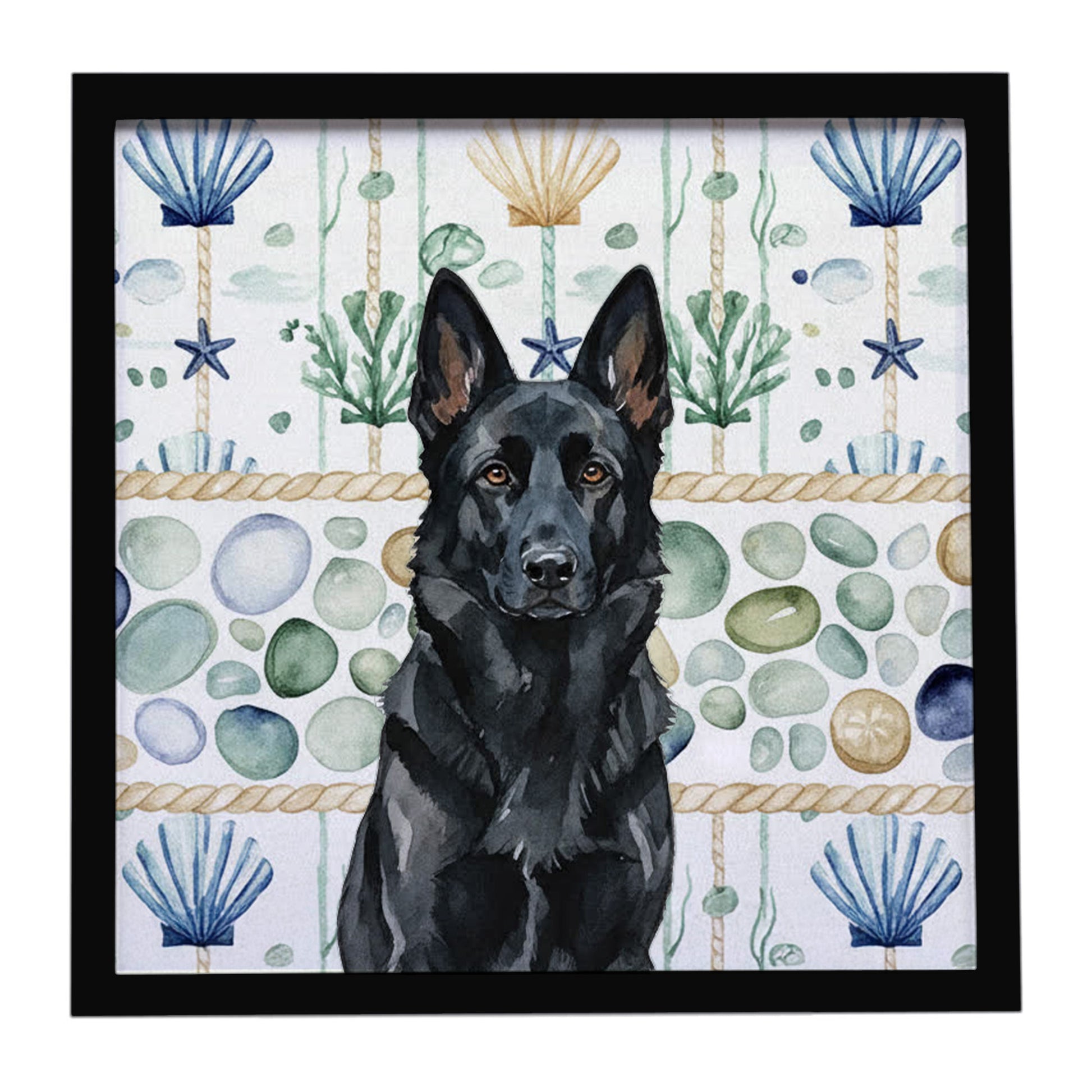 Buy this Black German Shepherd Coastal Sea Glass Framed Metal Print